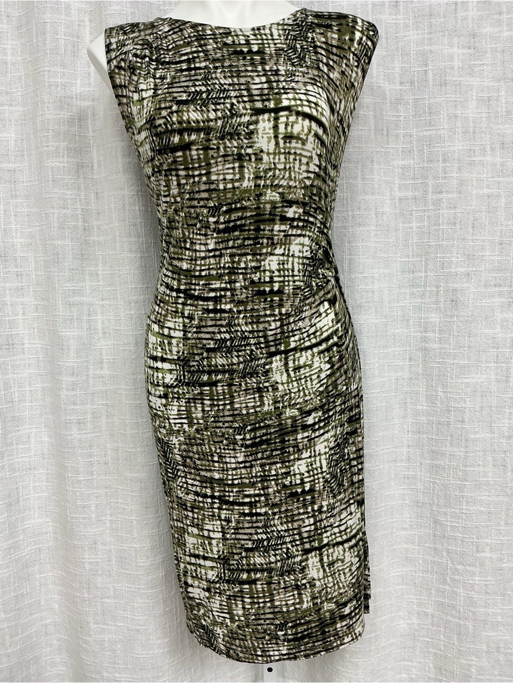 Harve Benard Olive and Black Printed Midi Sheath Dress